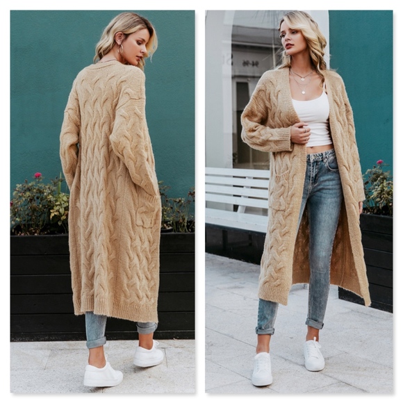 Open Cable Knit Cardigan, Long w/Pockets, Khaki - Picture 3 of 9